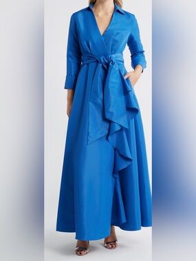 Betsy & Adam Taffeta Long Ruffle Wrap Gown Blue Formal Dress Size 12. NWT.